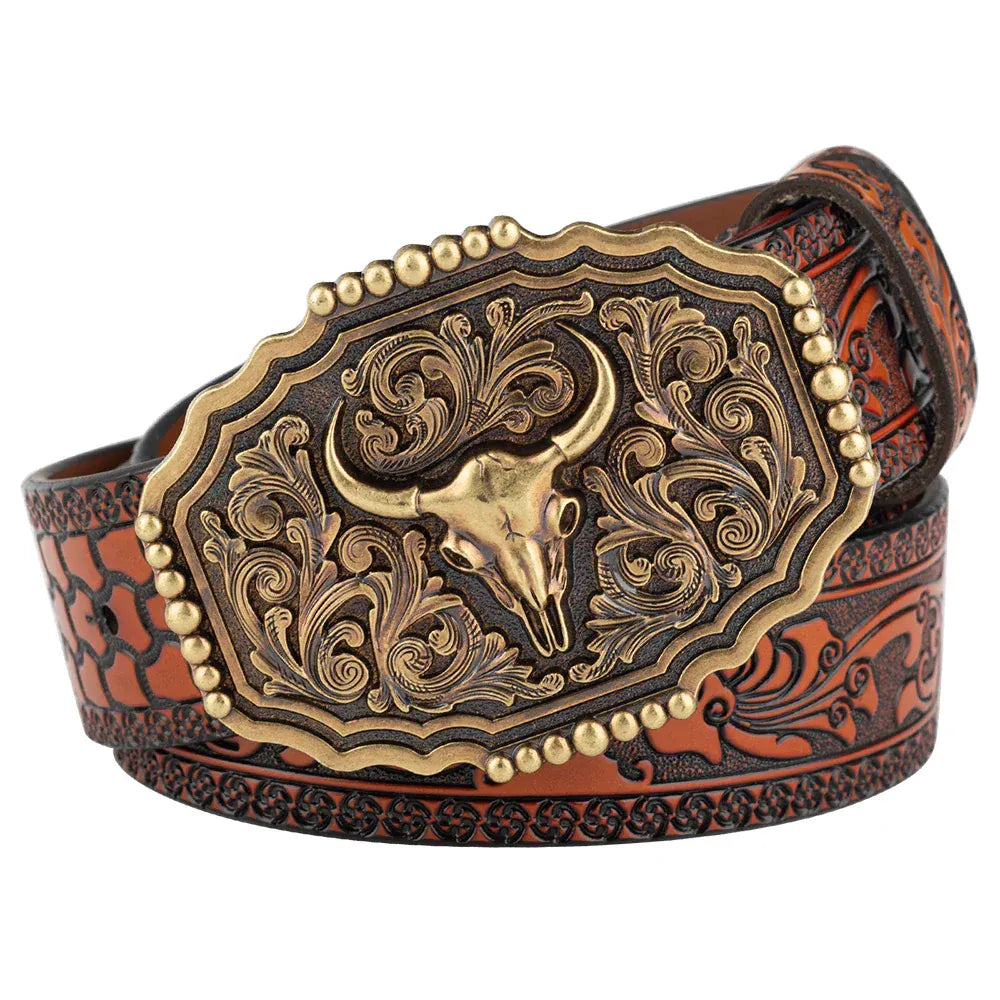 Westernläderbälte antikt longhornspänne Orange / 130cm