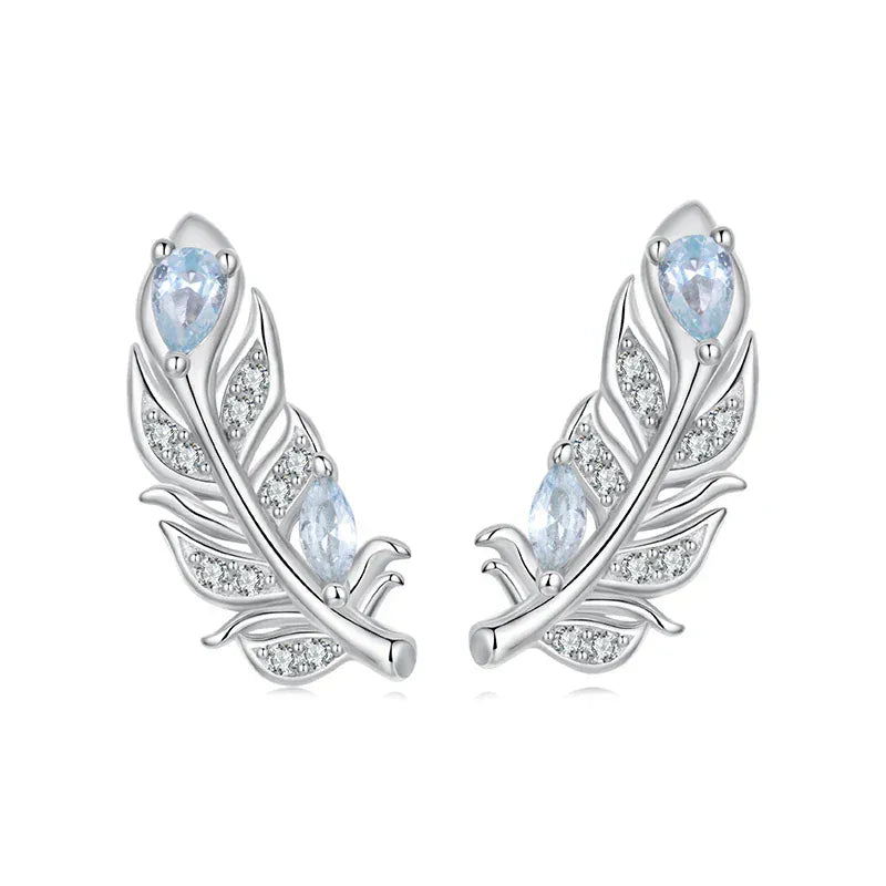 WOSTU 925 Sterling Silver Ice Blue Feather Stud Earrings For Women Winter Xmas Gift, Dainty Bohemian s925 Studs Wedding Jewelr CTE1259