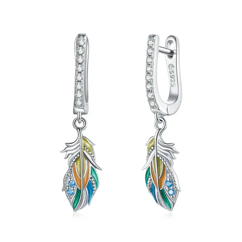 WOSTU Drop Earrings 925 Sterling Silver Earrings Colored Feather Ear Buckles Design Long Earrings For Women Jewelry CTE485 CTE485